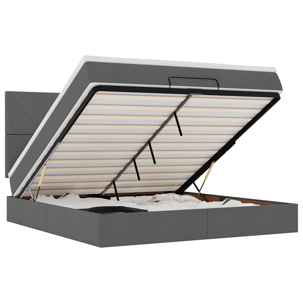Lit ottoman avec matelas et LED tissu gris foncé 180x200 cm