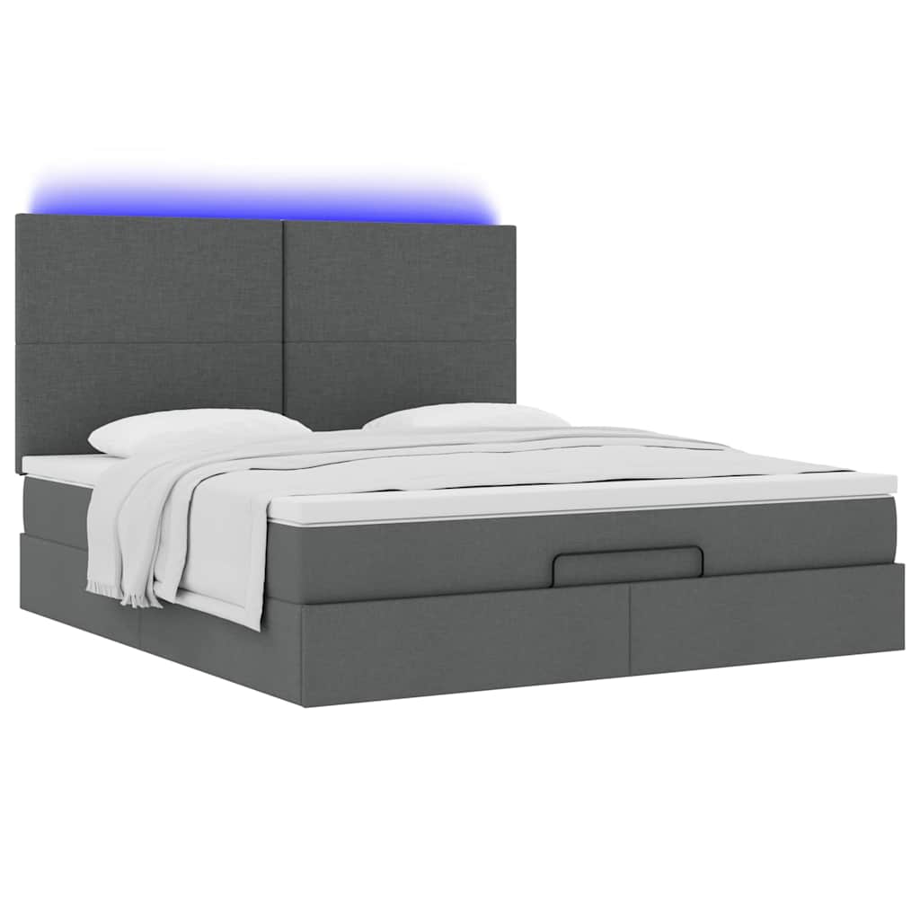 Lit ottoman avec matelas et LED tissu gris foncé 180x200 cm