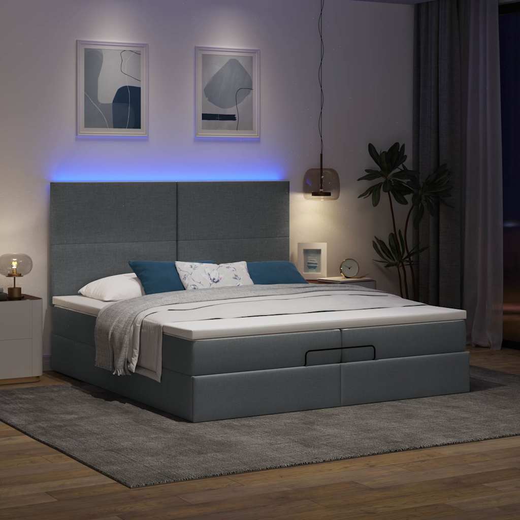 Ottoman-Bett mit Matratzen & LEDs Dunkelgrau 200x200 cm Stoff