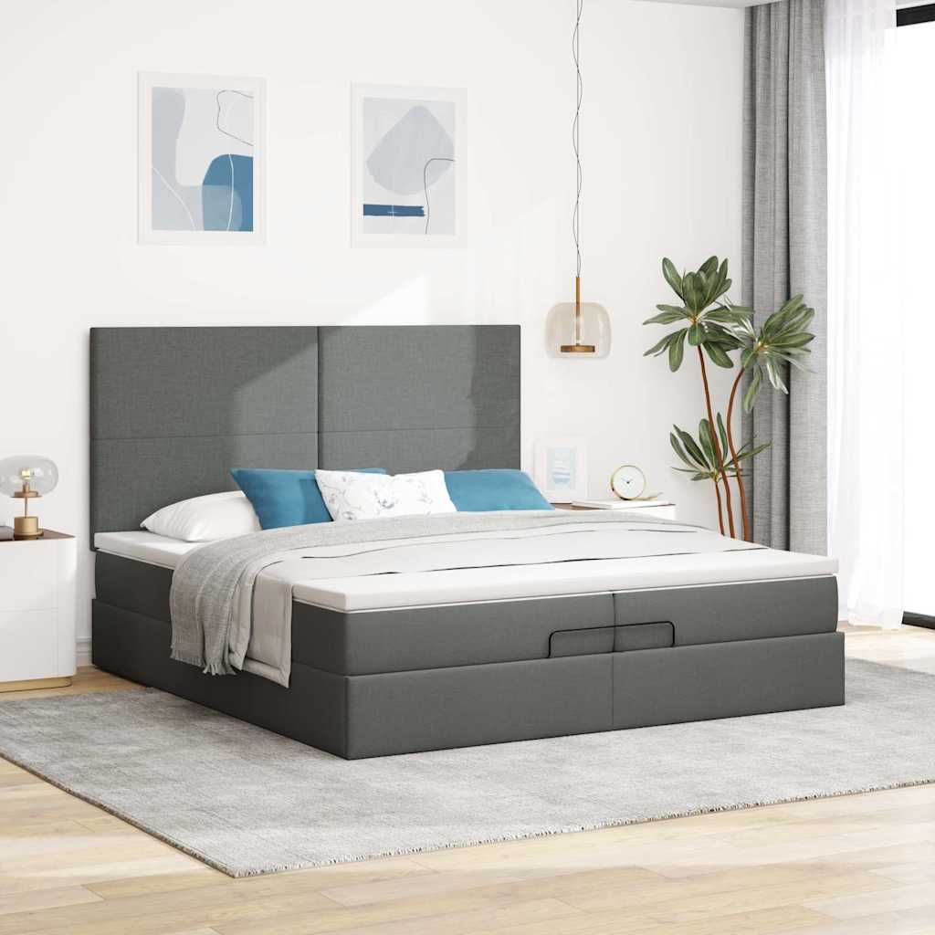 Ottoman-Bett mit Matratzen & LEDs Dunkelgrau 200x200 cm Stoff