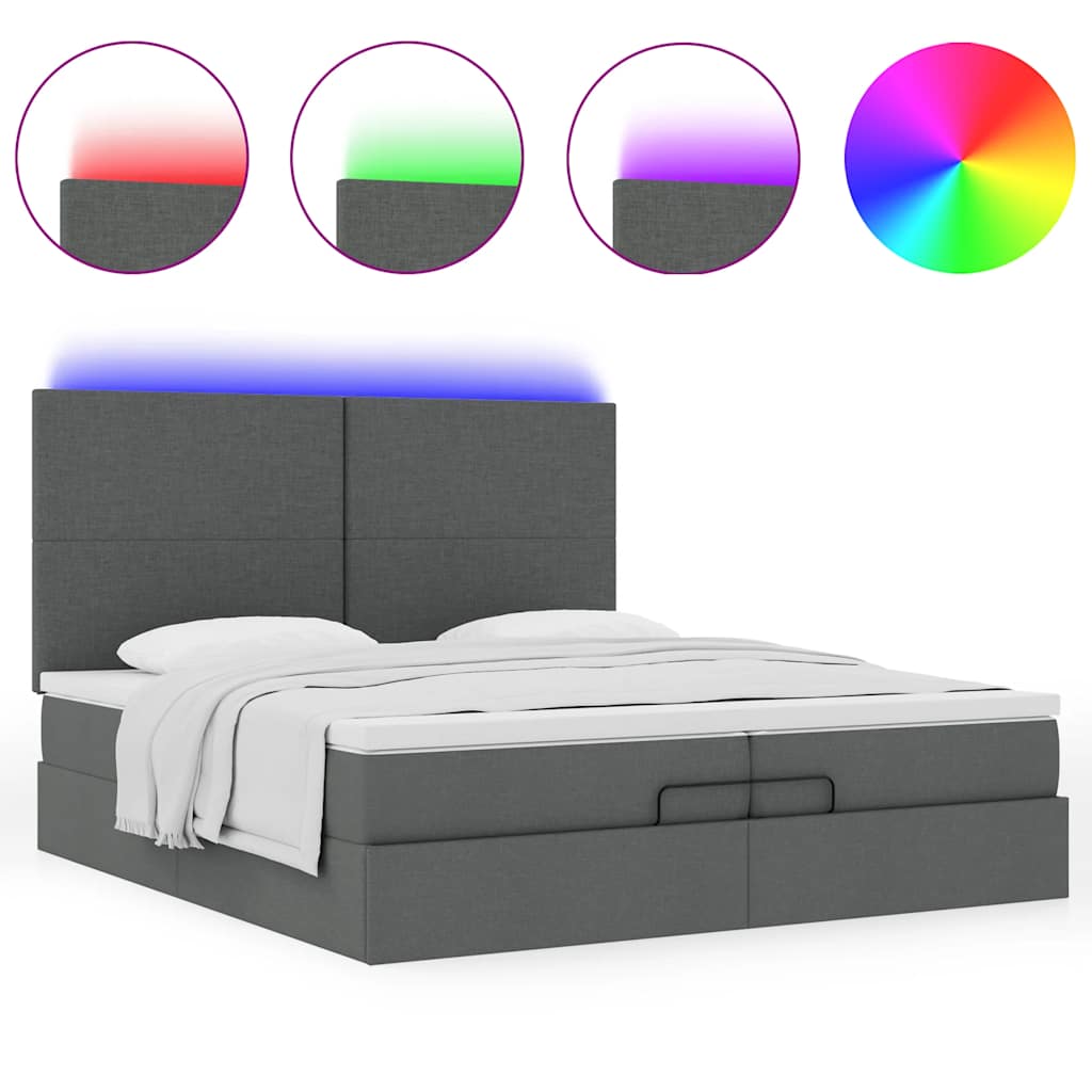 Ottoman-Bett mit Matratzen & LEDs Dunkelgrau 200x200 cm Stoff