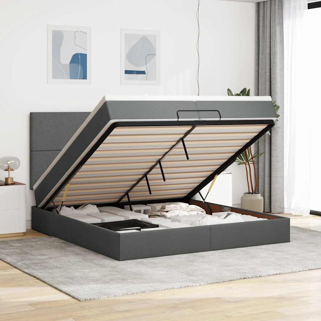 Ottoman-Bett mit Matratzen & LEDs Dunkelgrau 200x200 cm Stoff