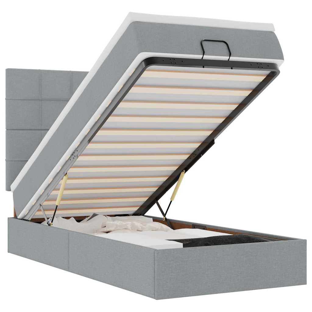Ottoman-Bett mit Matratze & LEDs Hellgrau 90x190 cm Stoff