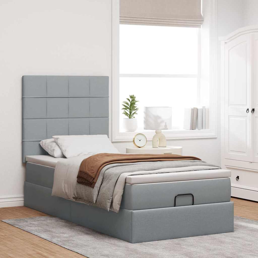 Ottoman-Bett mit Matratze & LEDs Hellgrau 90x190 cm Stoff