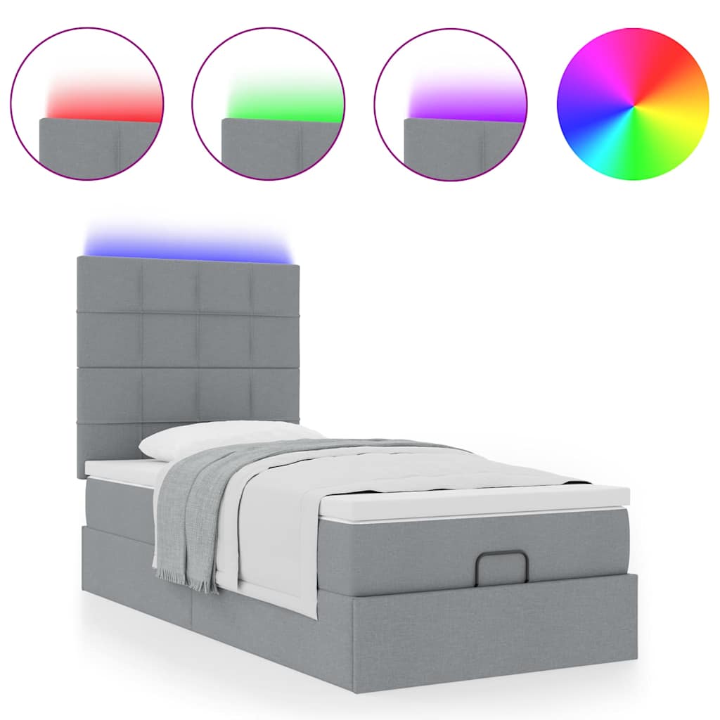 Ottoman-Bett mit Matratze & LEDs Hellgrau 90x190 cm Stoff