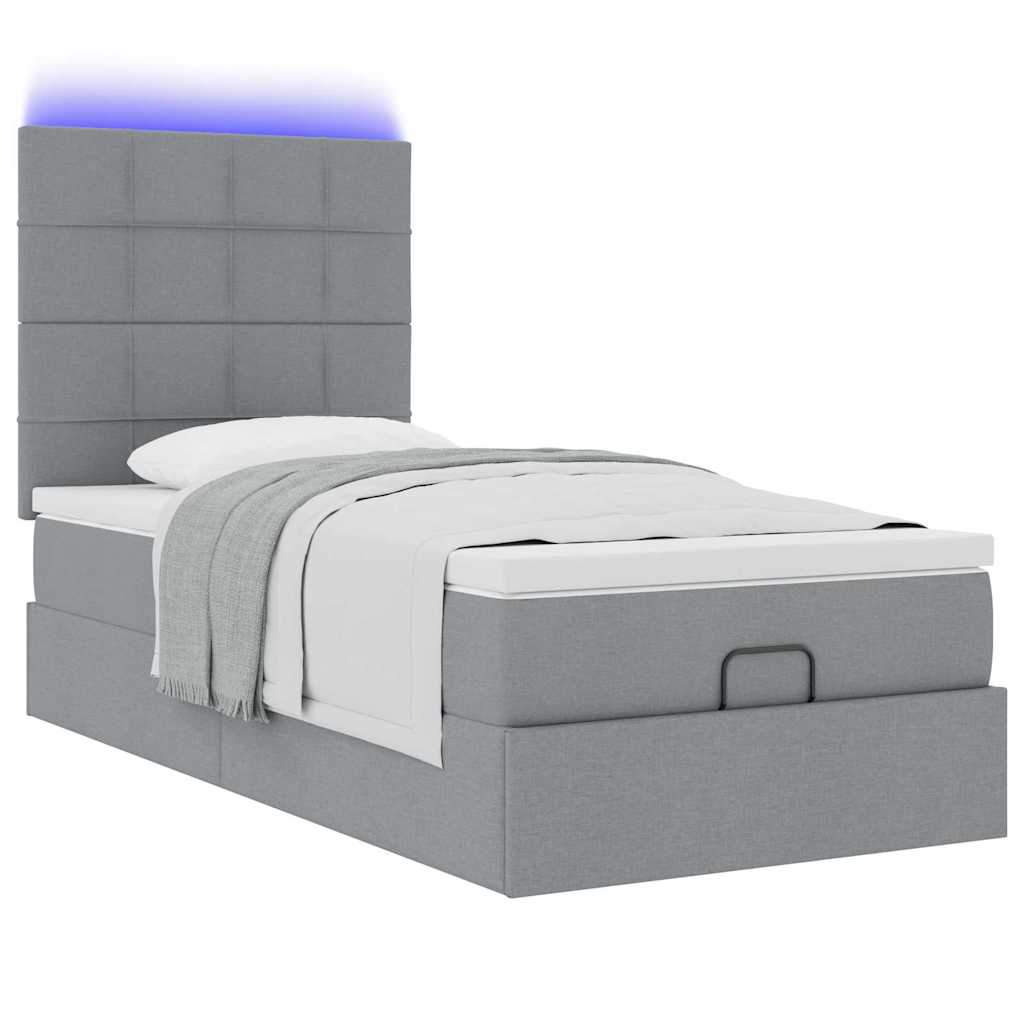 Ottoman-Bett mit Matratze & LEDs Hellgrau 90x190 cm Stoff