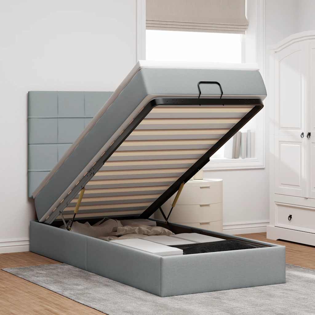 Ottoman-Bett mit Matratze & LEDs Hellgrau 90x190 cm Stoff