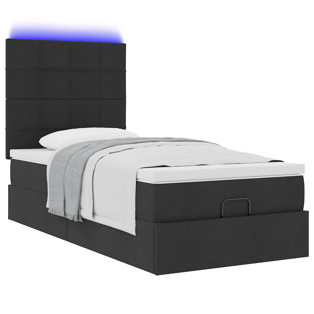 Ottoman-Bett mit Matratze & LEDs Schwarz 90x190 cm Stoff