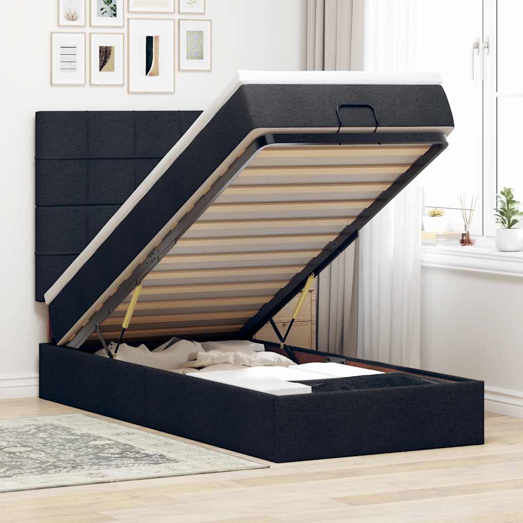 Ottoman-Bett mit Matratze & LEDs Schwarz 90x190 cm Stoff