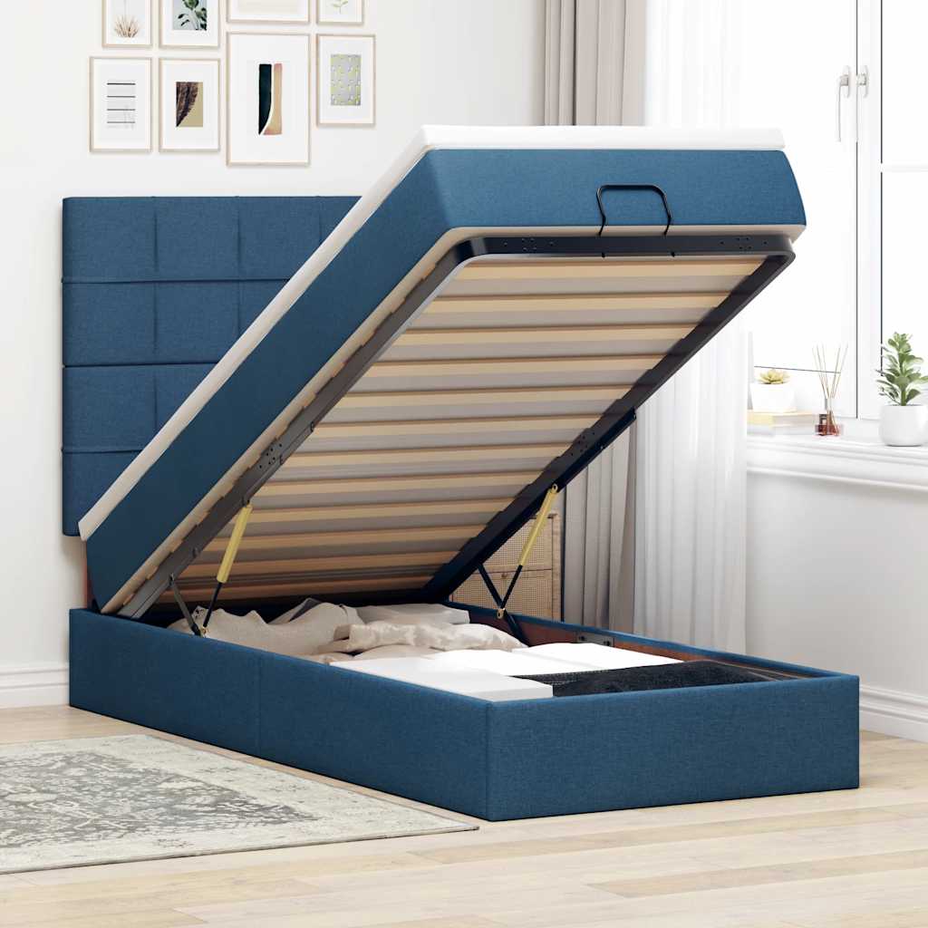 Ottoman-Bett mit Matratze & LEDs Blau 90x190 cm Stoff