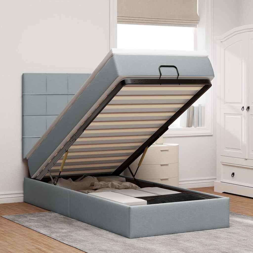Ottomane Bett mit Matratze & LEDs Hellgrau 90x200 cm Stoff