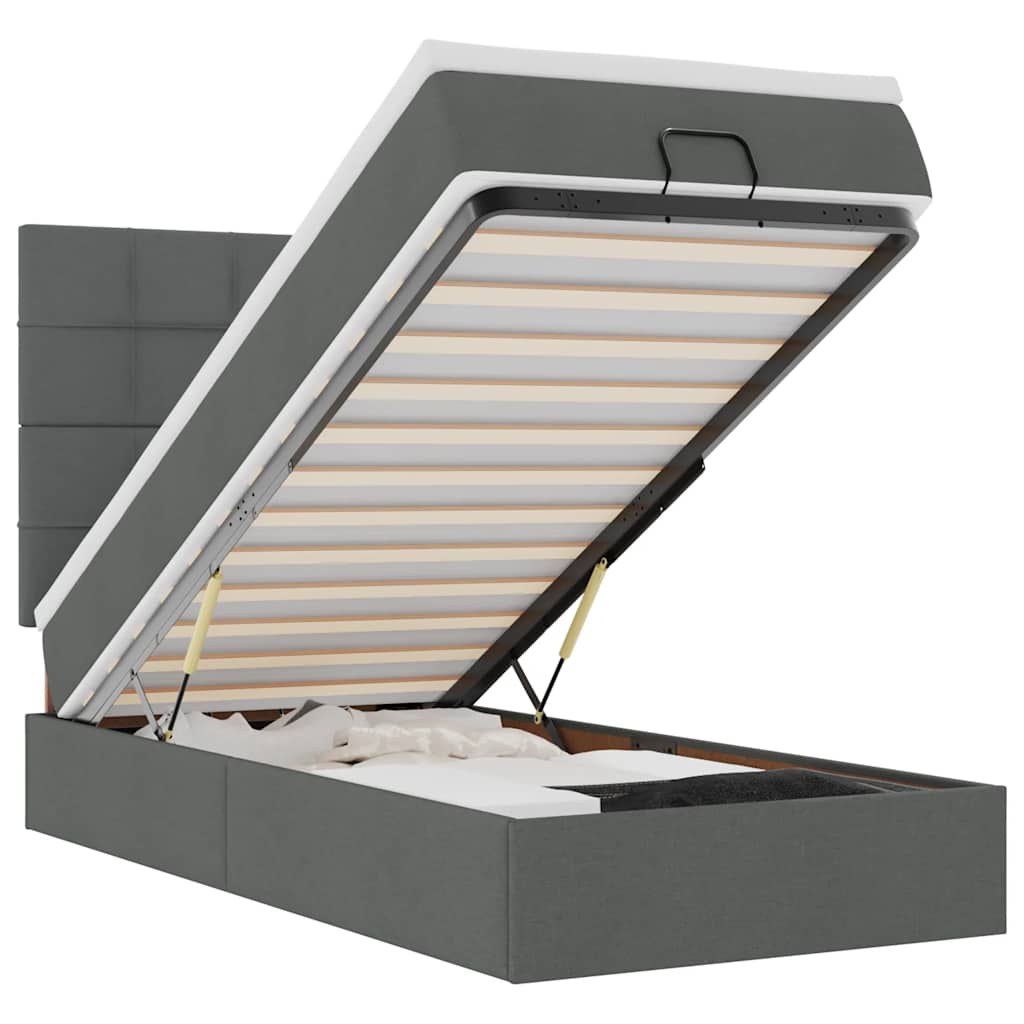 Lit ottoman avec matelas et LED tissu gris foncé 90x200 cm