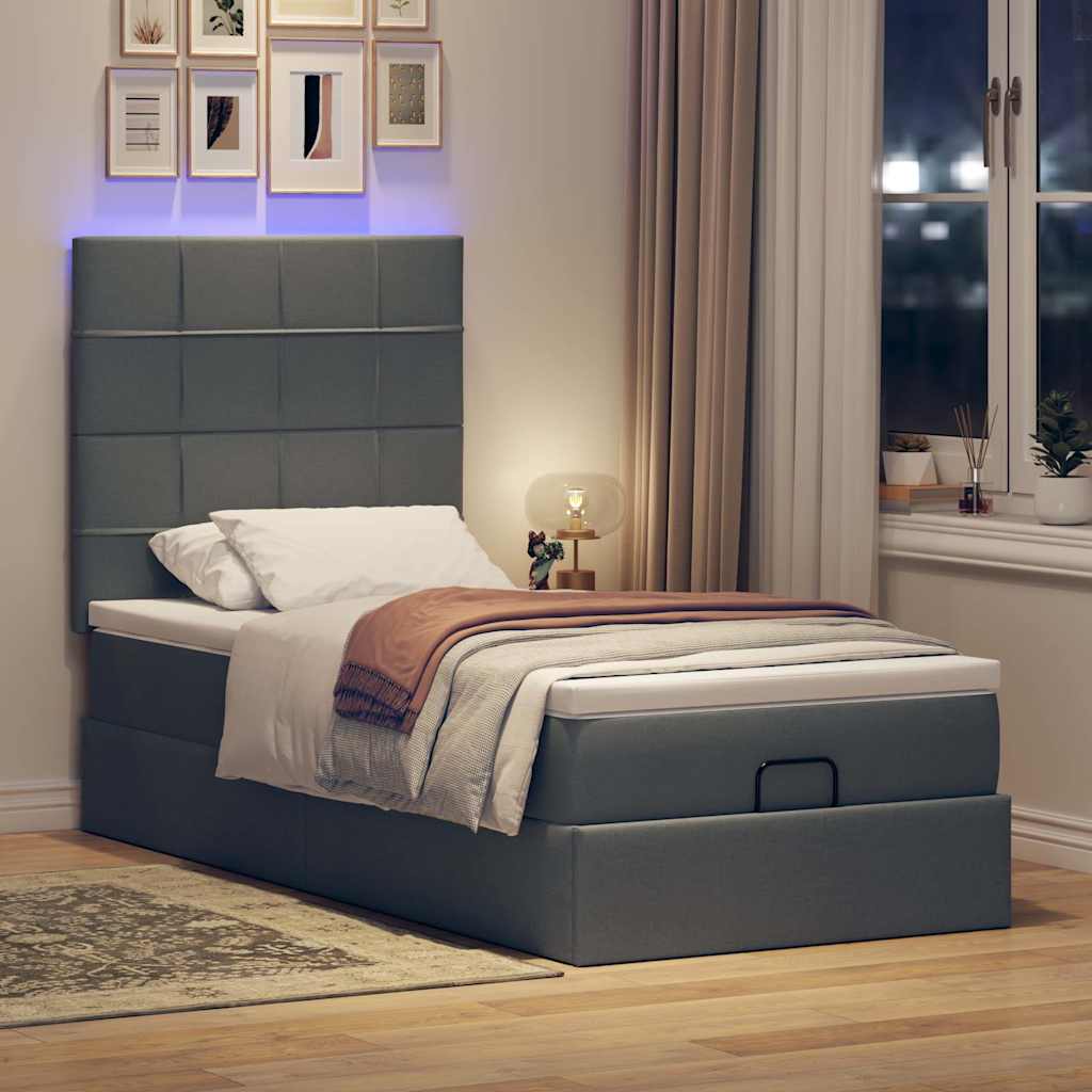 Lit ottoman avec matelas et LED tissu gris foncé 90x200 cm