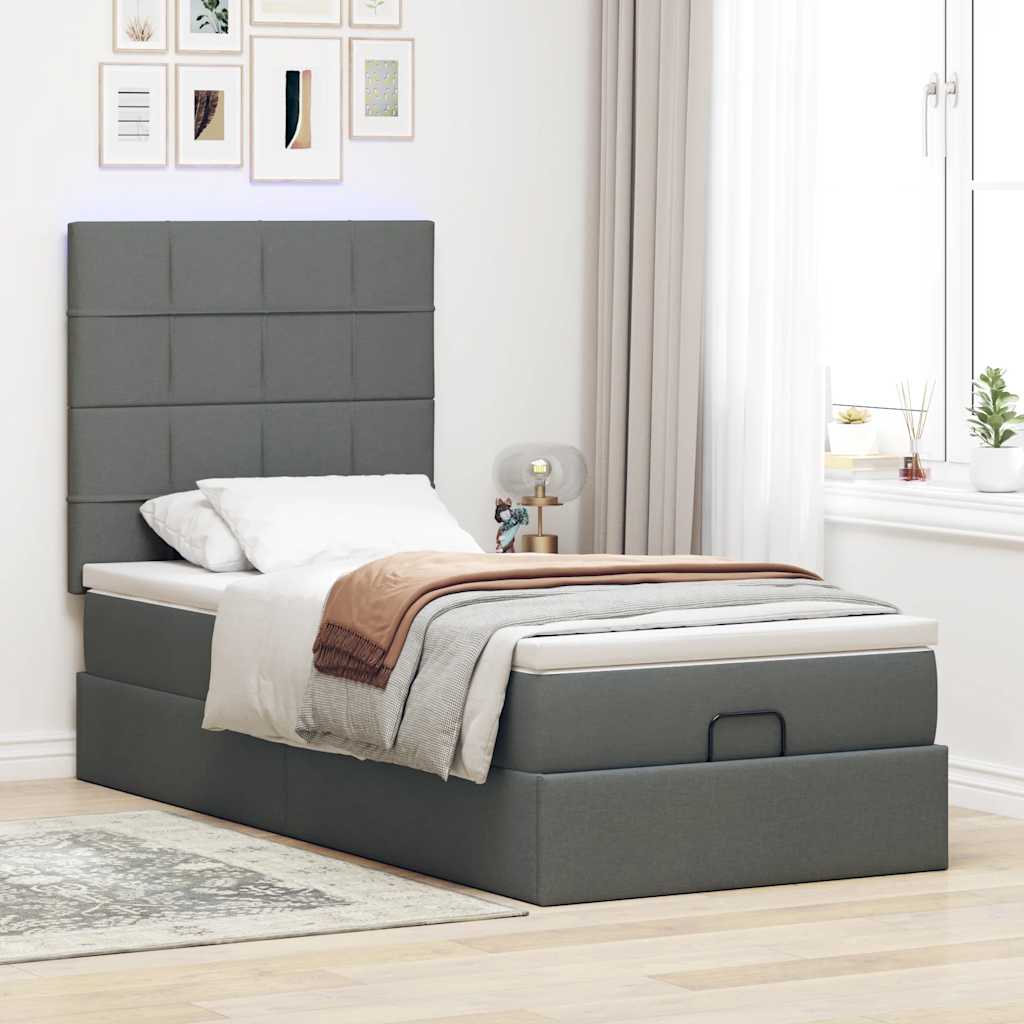 Lit ottoman avec matelas et LED tissu gris foncé 90x200 cm