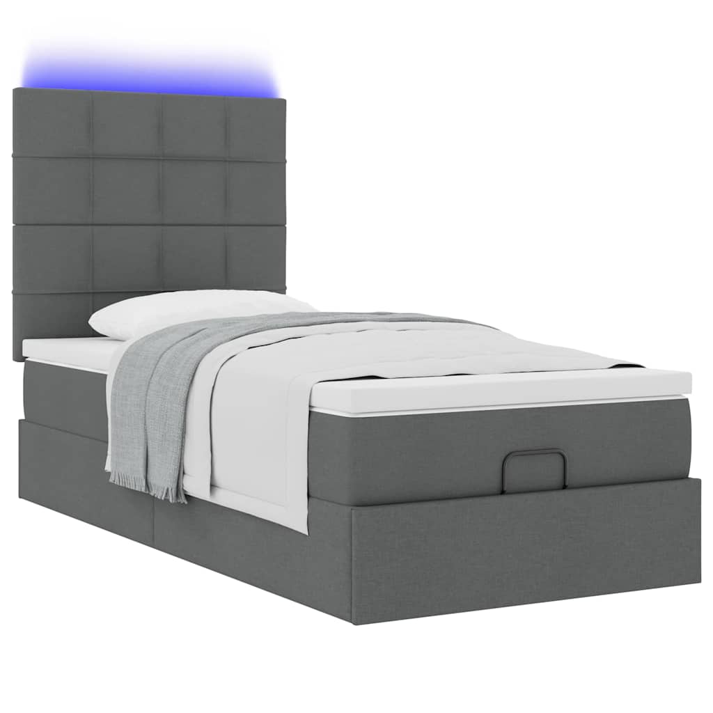 Lit ottoman avec matelas et LED tissu gris foncé 90x200 cm