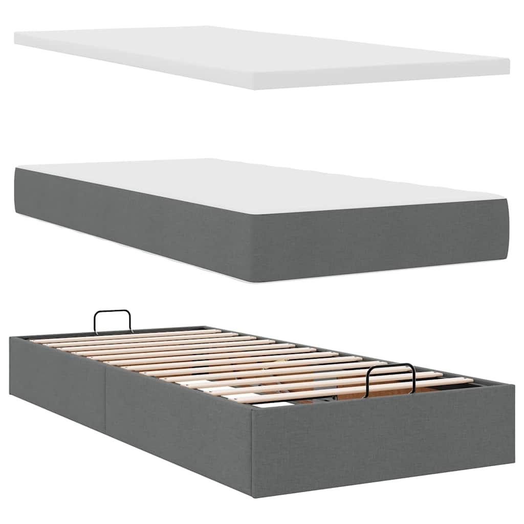 Lit ottoman avec matelas et LED tissu gris foncé 90x200 cm