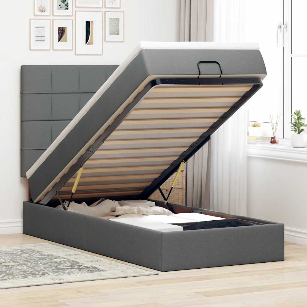 Lit ottoman avec matelas et LED tissu gris foncé 90x200 cm