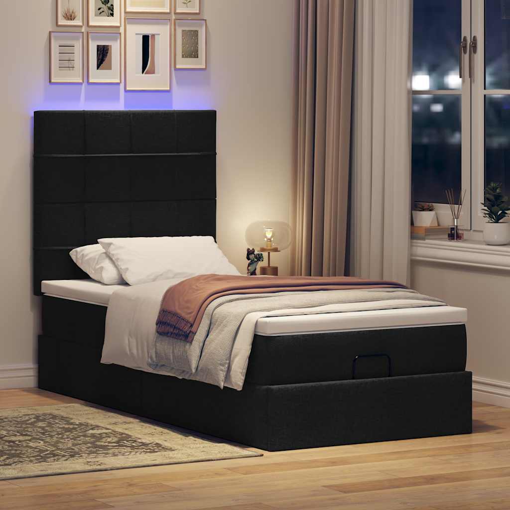 Ottoman-Bett mit Matratze & LEDs Schwarz 90x200 cm Stoff