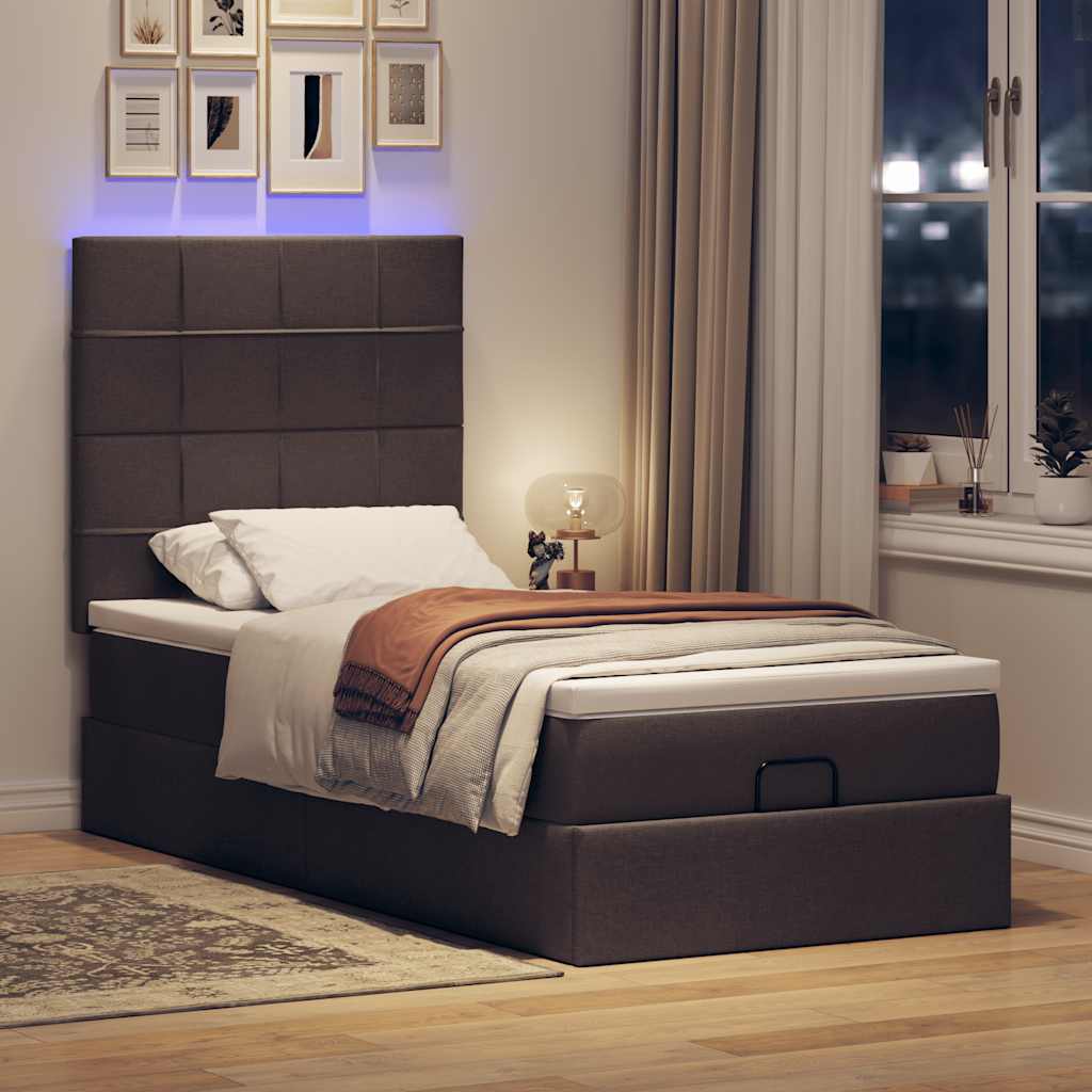 Ottomane Bett mit Matratze & LEDs Dunkelbraun 90x200 cm Stoff