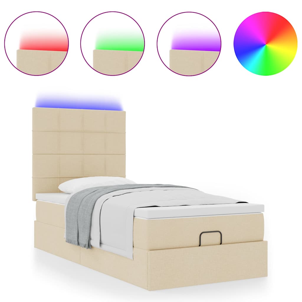 Ottomane Bett mit Matratze & LEDs Creme 90x200 cm Stoff