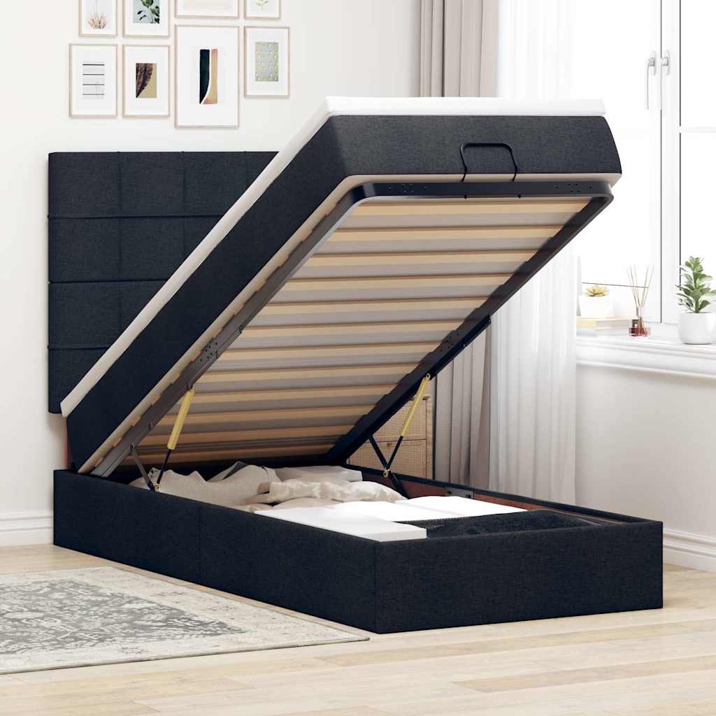 Ottoman-Bett mit Matratze & LEDs Schwarz 100x200 cm Stoff