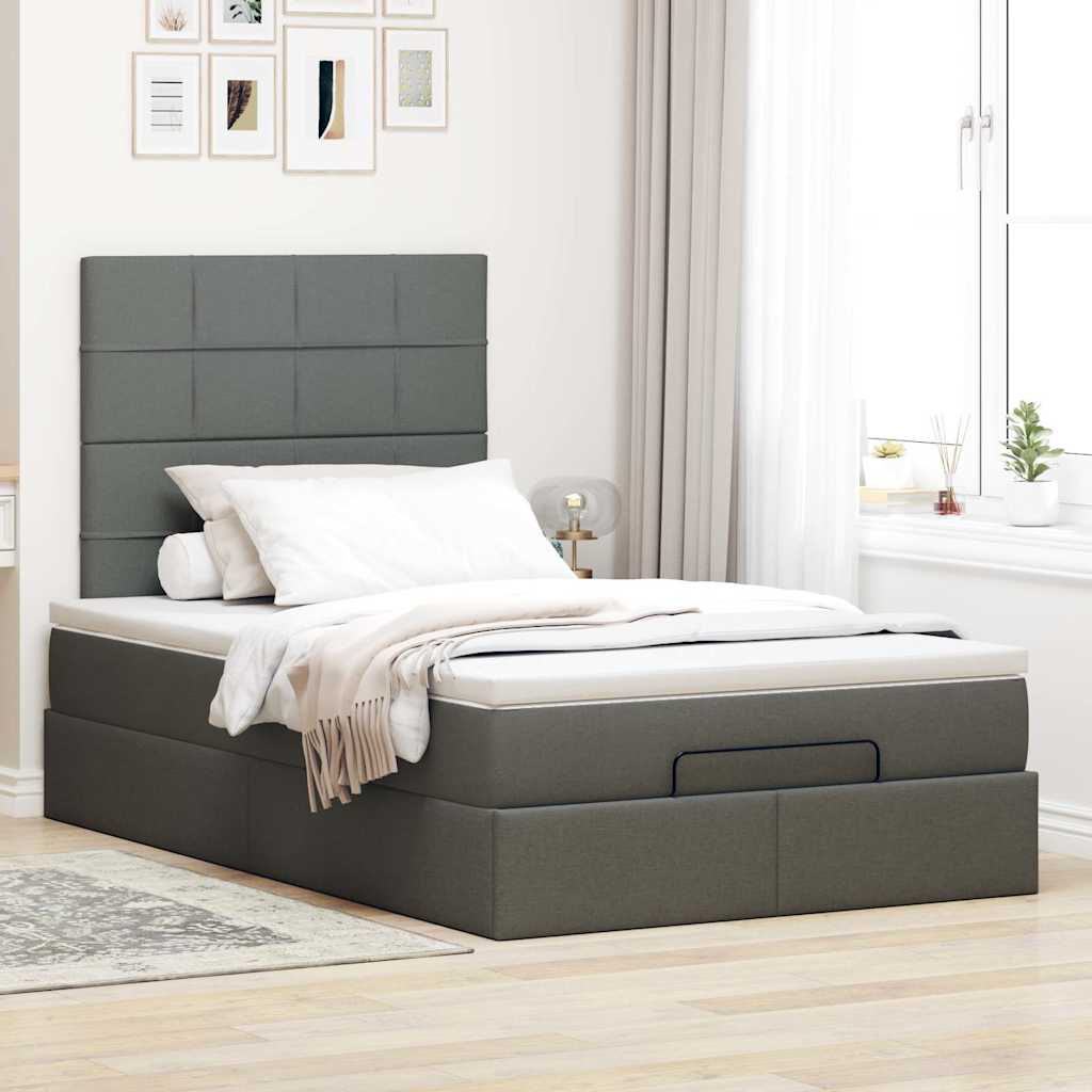 Lit ottoman avec matelas et LED tissu gris foncé 120x200 cm