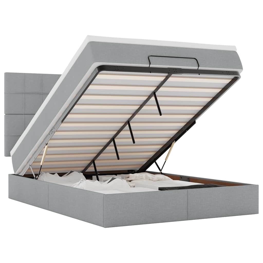 Ottoman-Bett mit Matratze & LEDs Hellgrau 140x190 cm Stoff