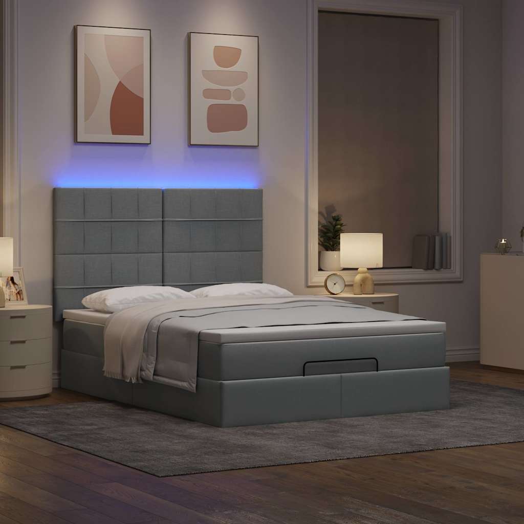 Ottoman-Bett mit Matratze & LEDs Hellgrau 140x190 cm Stoff