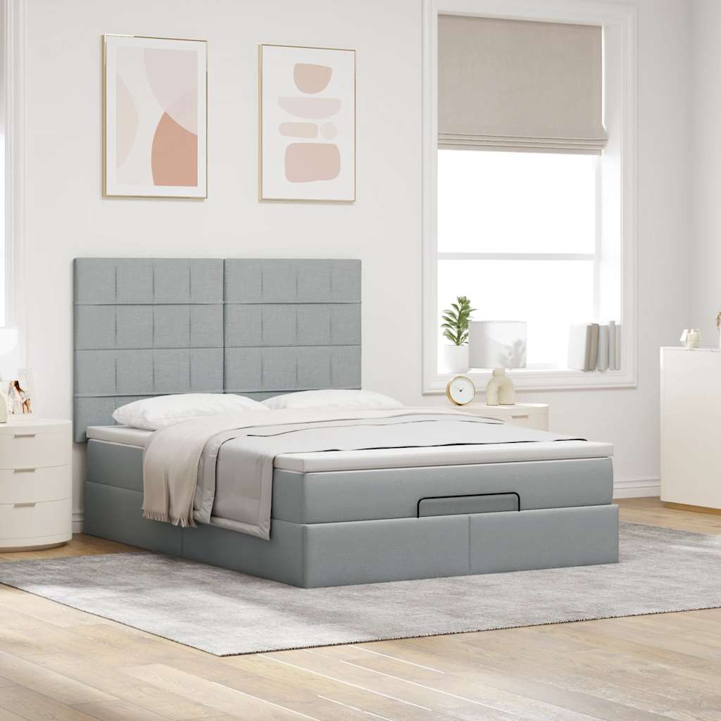 Ottoman-Bett mit Matratze & LEDs Hellgrau 140x190 cm Stoff