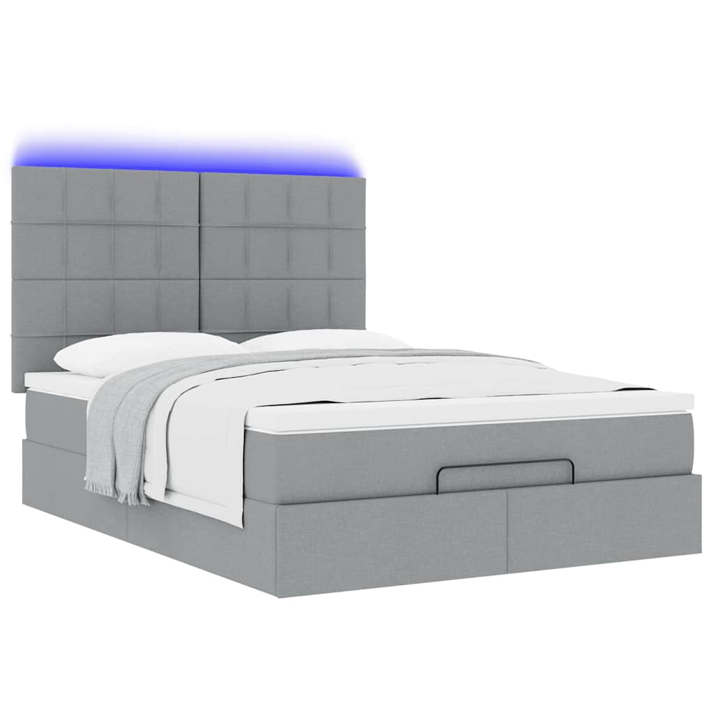 Ottoman-Bett mit Matratze & LEDs Hellgrau 140x190 cm Stoff