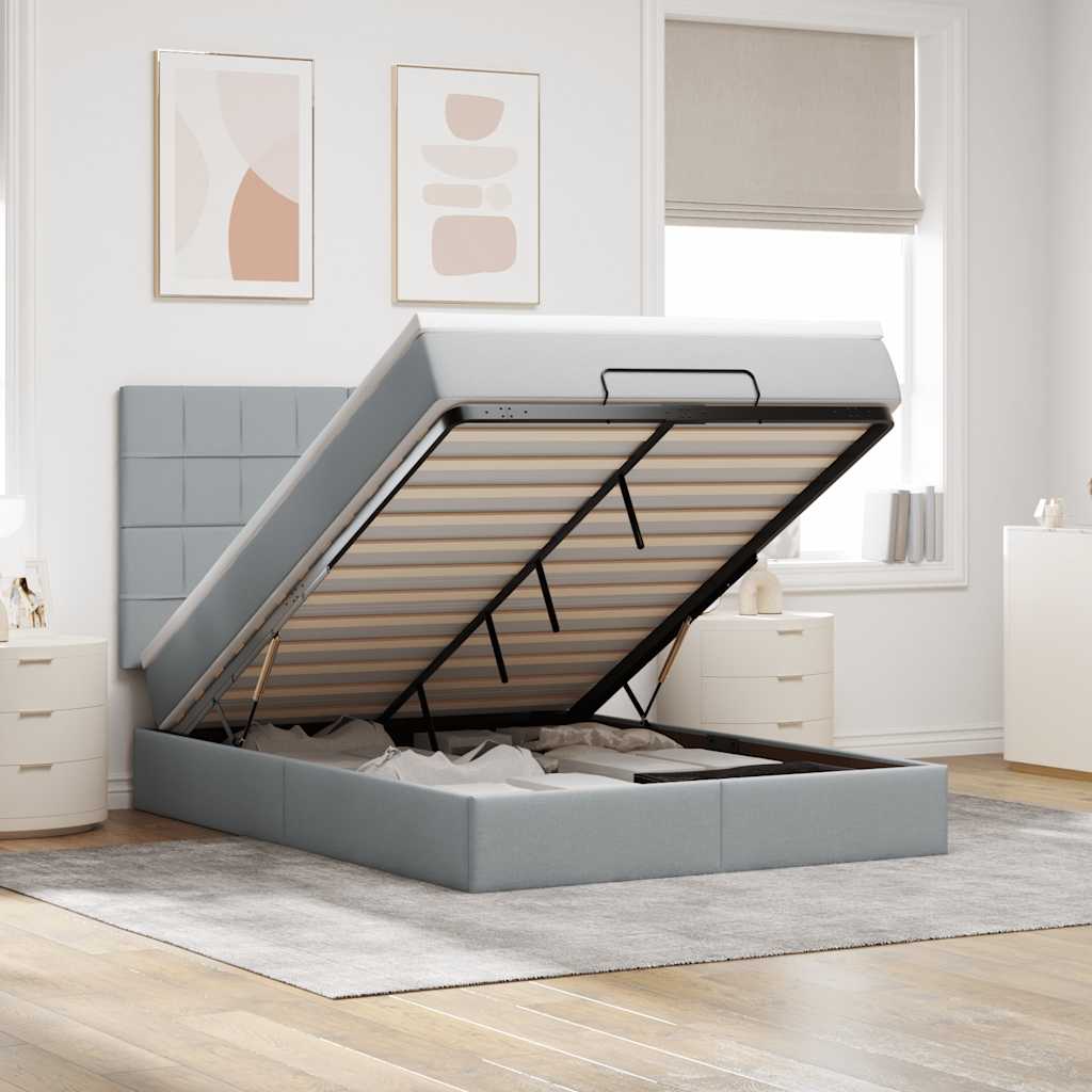 Ottoman-Bett mit Matratze & LEDs Hellgrau 140x190 cm Stoff