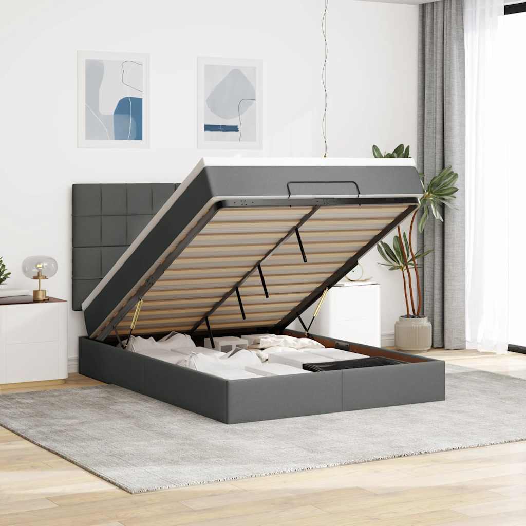 Ottoman-Bett mit Matratze & LEDs Dunkelgrau 140x190 cm Stoff