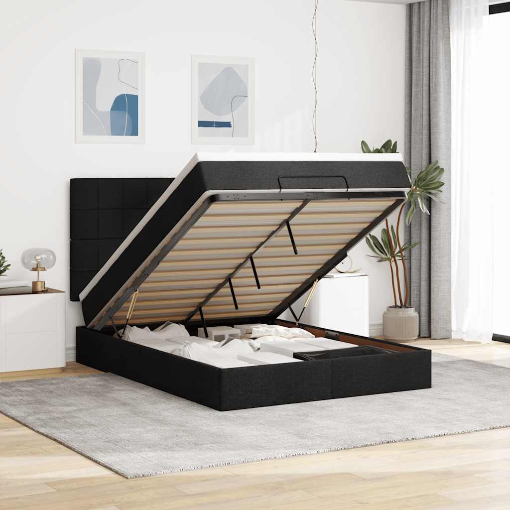 Ottoman-Bett mit Matratze & LEDs Schwarz 140x190 cm Stoff
