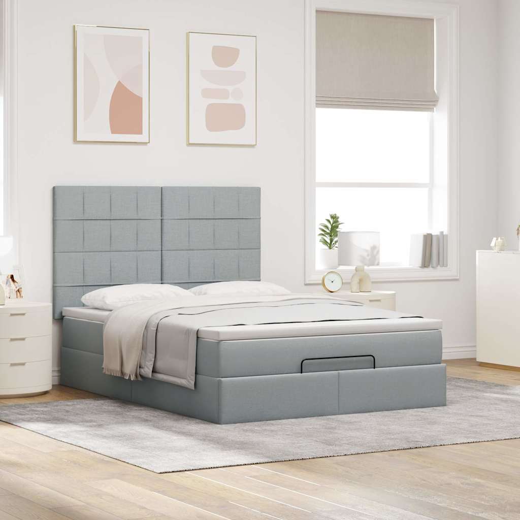 Ottoman-Bett mit Matratze & LEDs Hellgrau 140x200 cm Stoff