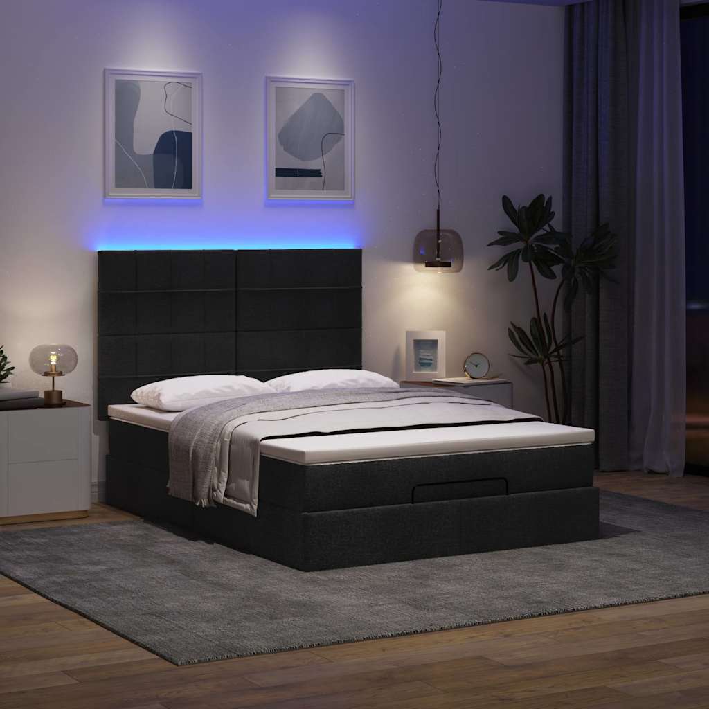 Ottoman-Bett mit Matratze & LEDs Schwarz 140x200 cm Stoff
