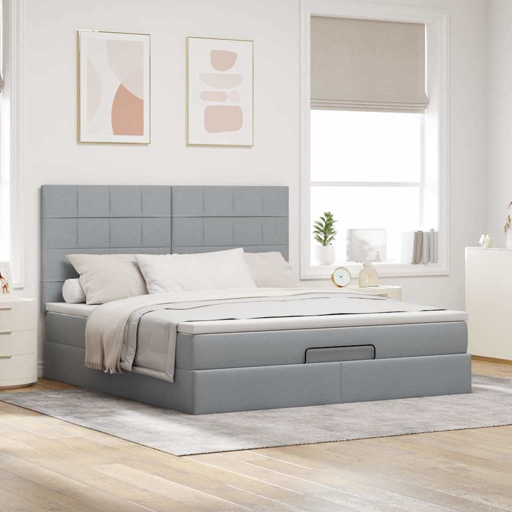 Lit ottoman avec matelas et LED tissu gris clair 180x200 cm