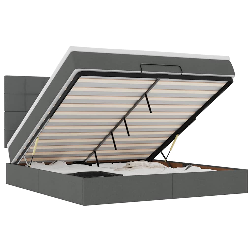 Lit ottoman avec matelas et LED tissu gris foncé 180x200 cm