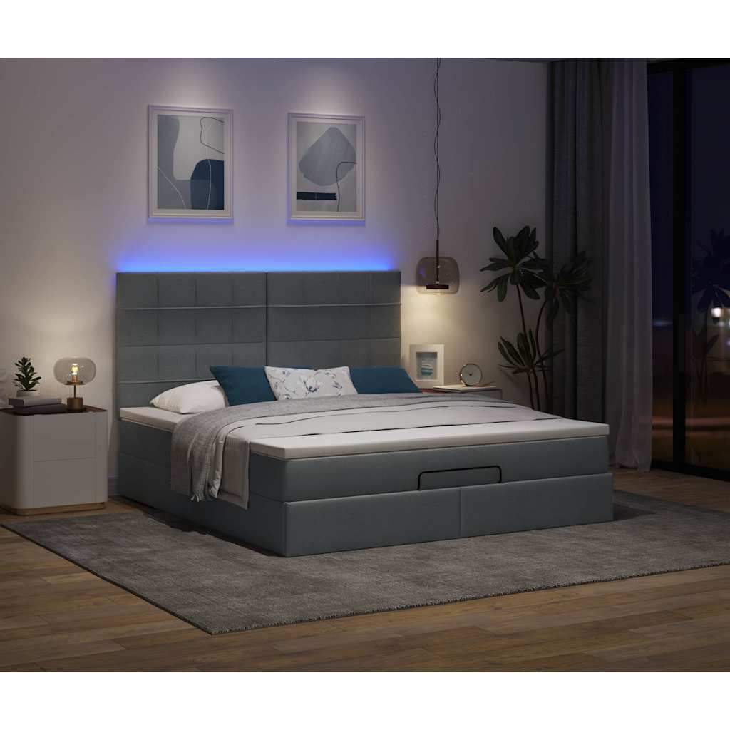 Lit ottoman avec matelas et LED tissu gris foncé 180x200 cm