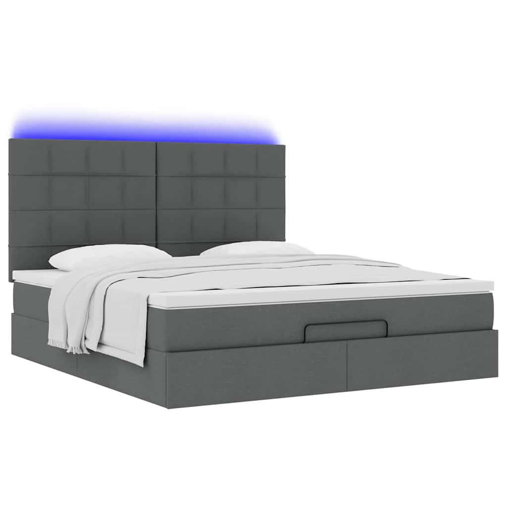 Lit ottoman avec matelas et LED tissu gris foncé 180x200 cm