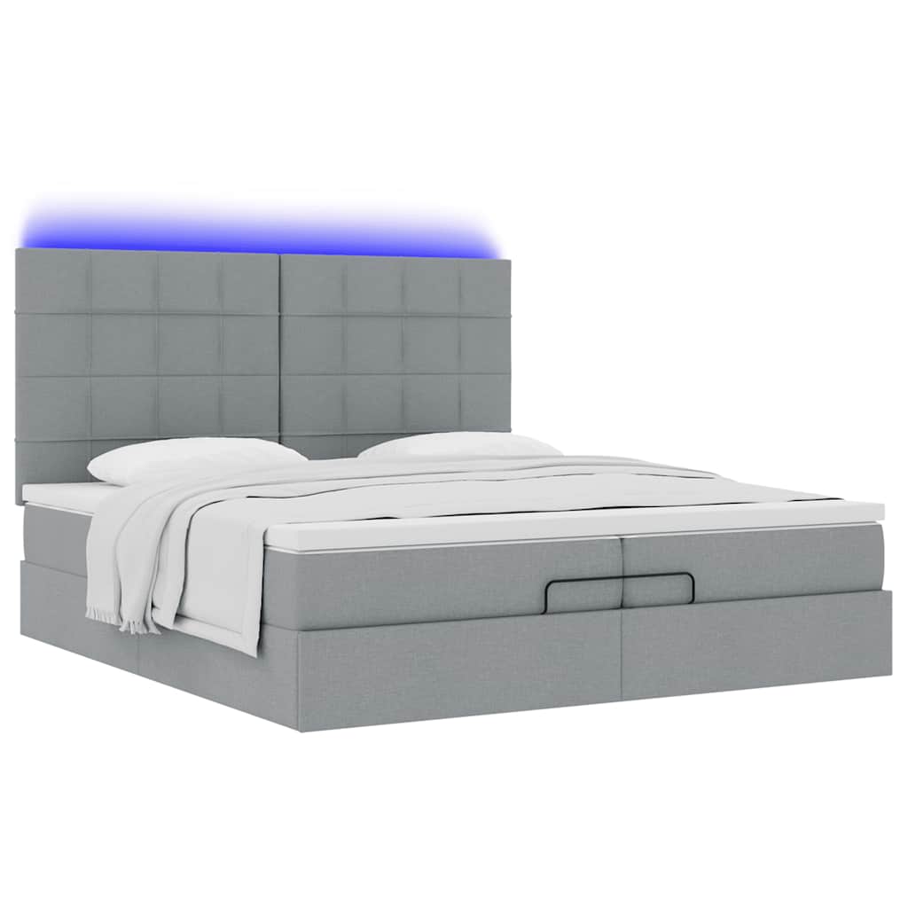Ottoman-Bett mit Matratzen & LEDs Hellgrau 200x200 cm Stoff