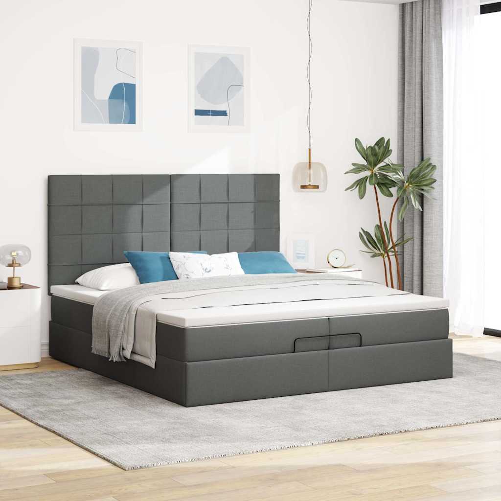 Ottoman-Bett mit Matratzen & LEDs Dunkelgrau 200x200 cm Stoff