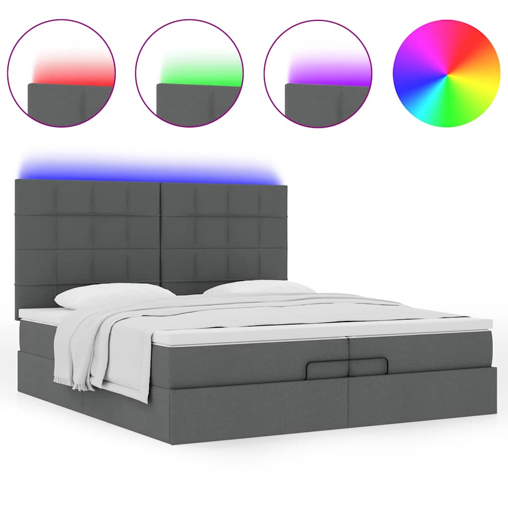 Ottoman-Bett mit Matratzen & LEDs Dunkelgrau 200x200 cm Stoff