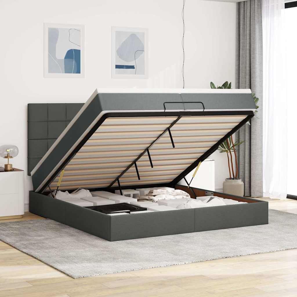 Ottoman-Bett mit Matratzen & LEDs Dunkelgrau 200x200 cm Stoff