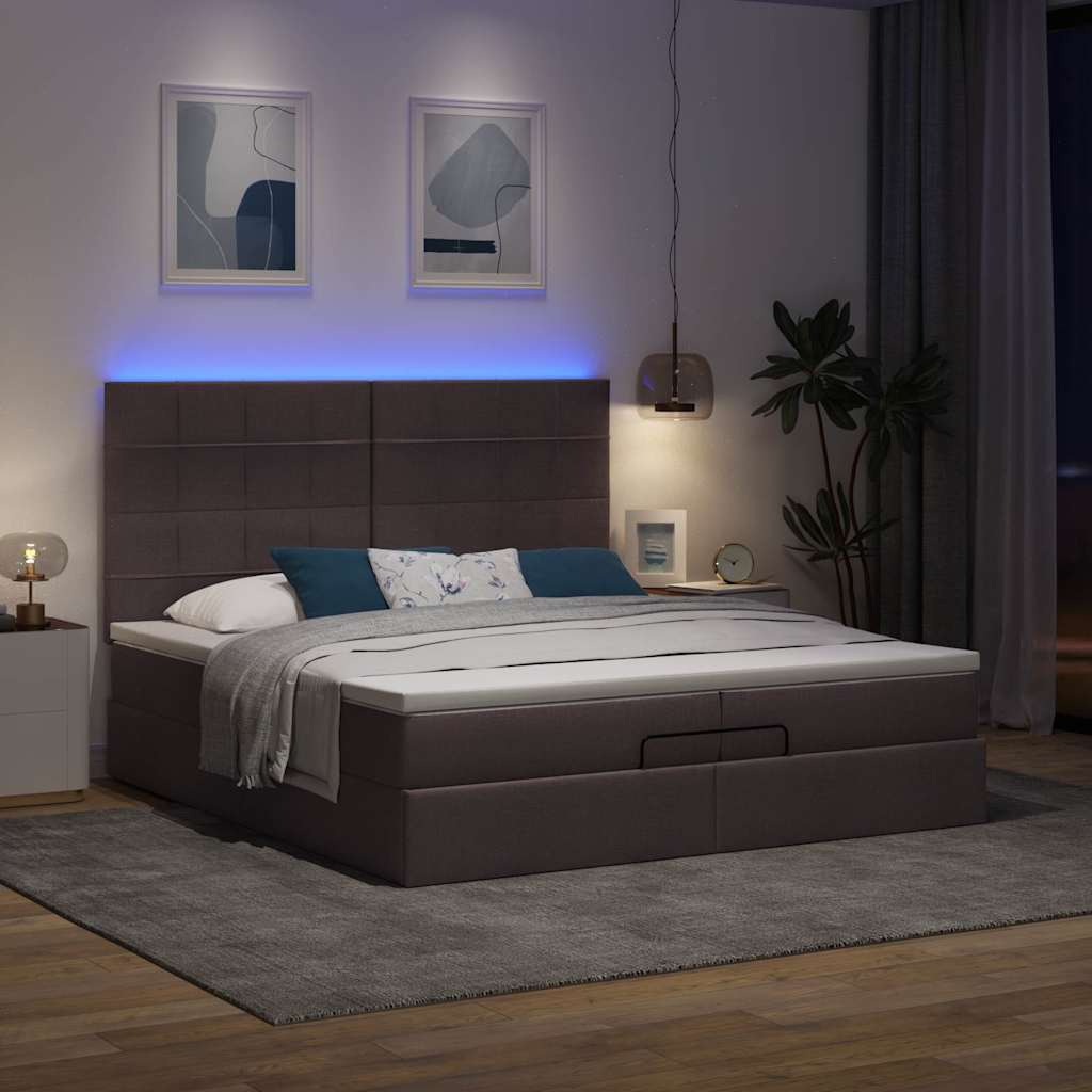 Ottoman-Bett mit Matratzen & LEDs Dunkelbraun 200x200 cm Stoff