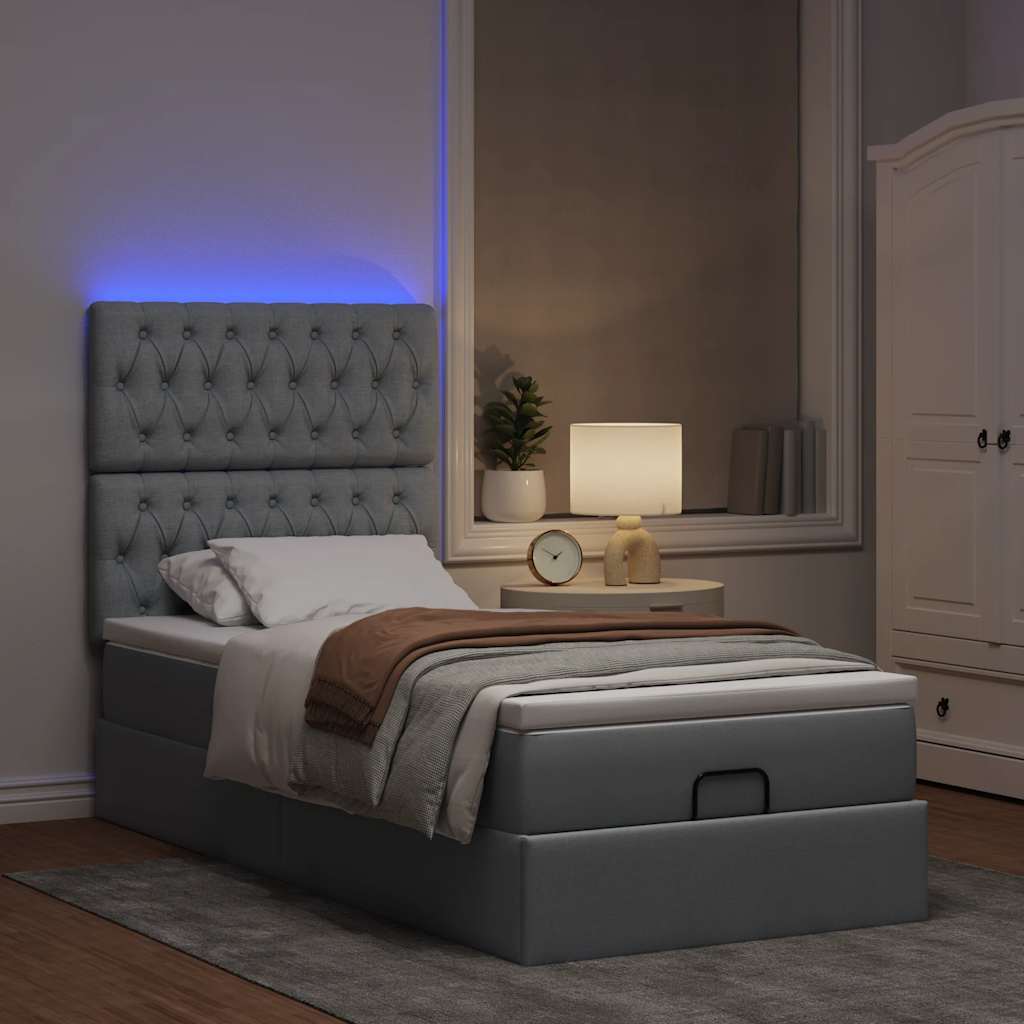 Ottomane Bett mit Matratze & LEDs Hellgrau 80x200 cm Stoff