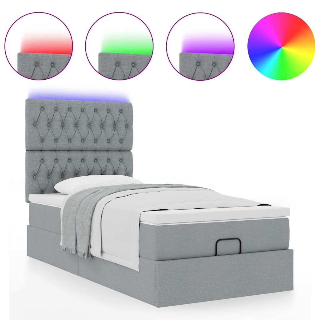 Ottoman-Bett mit Matratze & LEDs Hellgrau 90x190 cm Stoff
