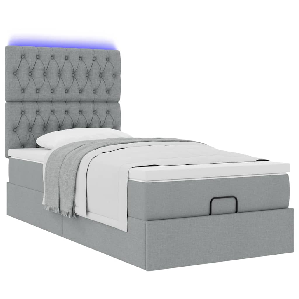 Ottoman-Bett mit Matratze & LEDs Hellgrau 90x190 cm Stoff