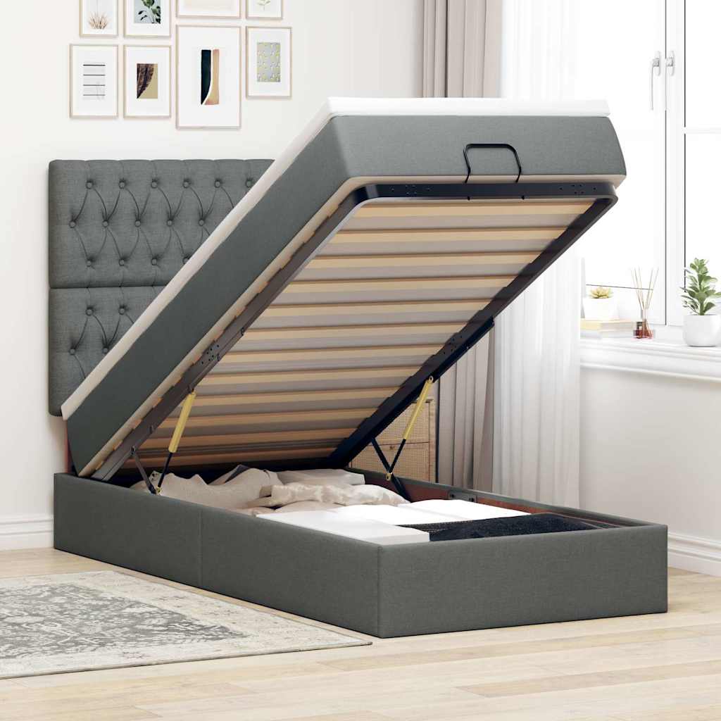 Ottoman-Bett mit Matratze & LEDs Dunkelgrau 90x190 cm Stoff
