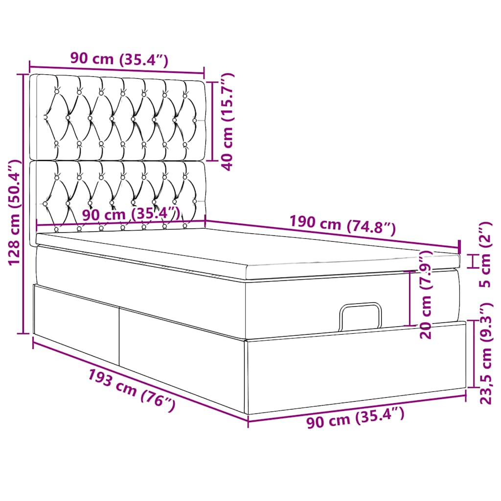 Ottoman-Bett mit Matratze & LEDs Schwarz 90x190 cm Stoff