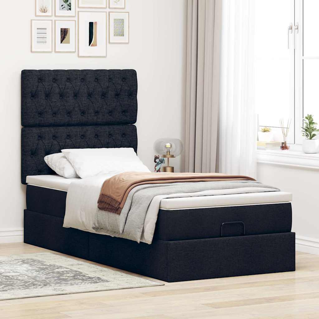 Ottoman-Bett mit Matratze & LEDs Schwarz 90x190 cm Stoff